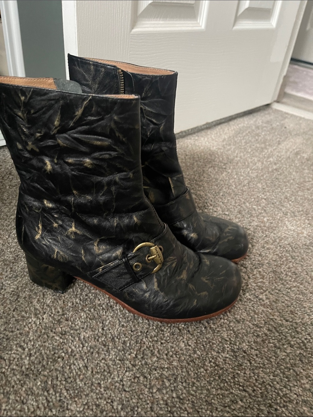 Black Heeled Ankle Boots with Gold Accent Buckle